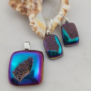 Titanium Coated Quartz Druzy Pendant and Earring Set
